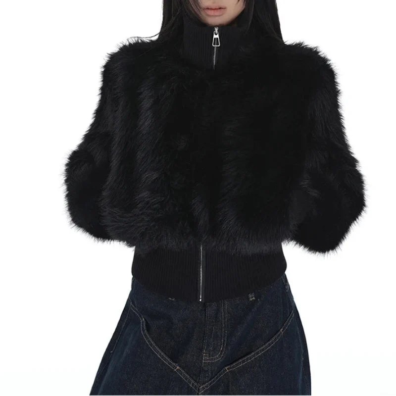 Y2K Cropped Black Faux Fur Zip Up Jacket