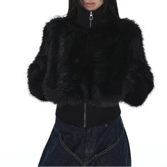 Y2K Cropped Black Faux Fur Zip Up Jacket