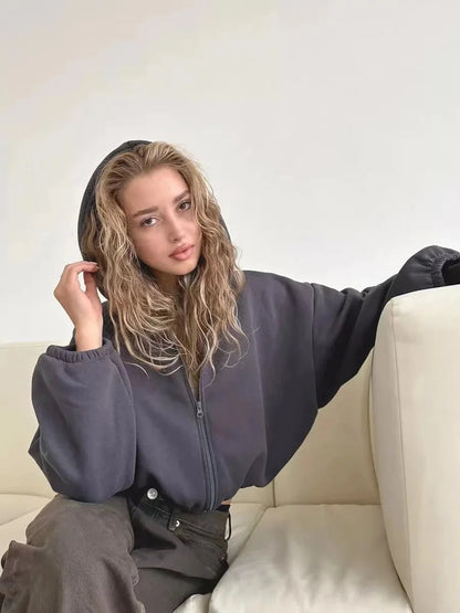 Y2K Cropped Full Zip Up Hoodie