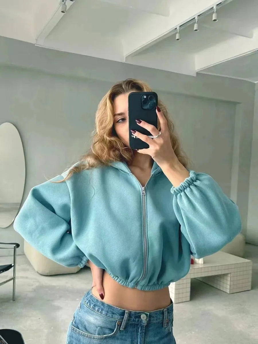 Y2K Cropped Full Zip Up Hoodie