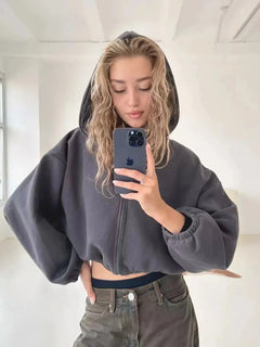 Y2K Cropped Full Zip Up Hoodie