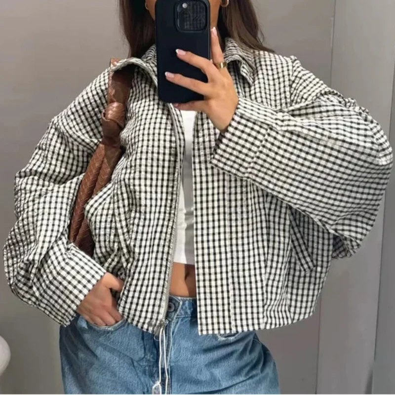 Y2K Cropped Plaid Womens Jacket Coat