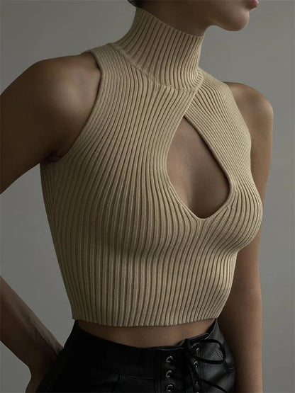 Y2K Cropped Turtleneck Ribbed Sleeveless Low Cut Top