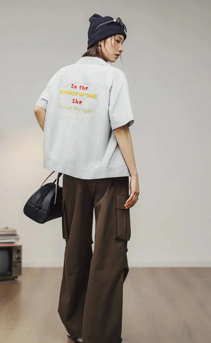 Y2K Cuban Collar Embroidered Short Sleeve Thin Work Shirt