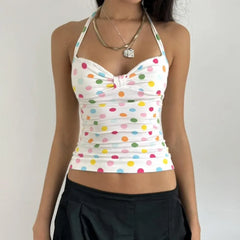 Y2K Cute Girl Polka Dot Print Halter Vest Crop Top