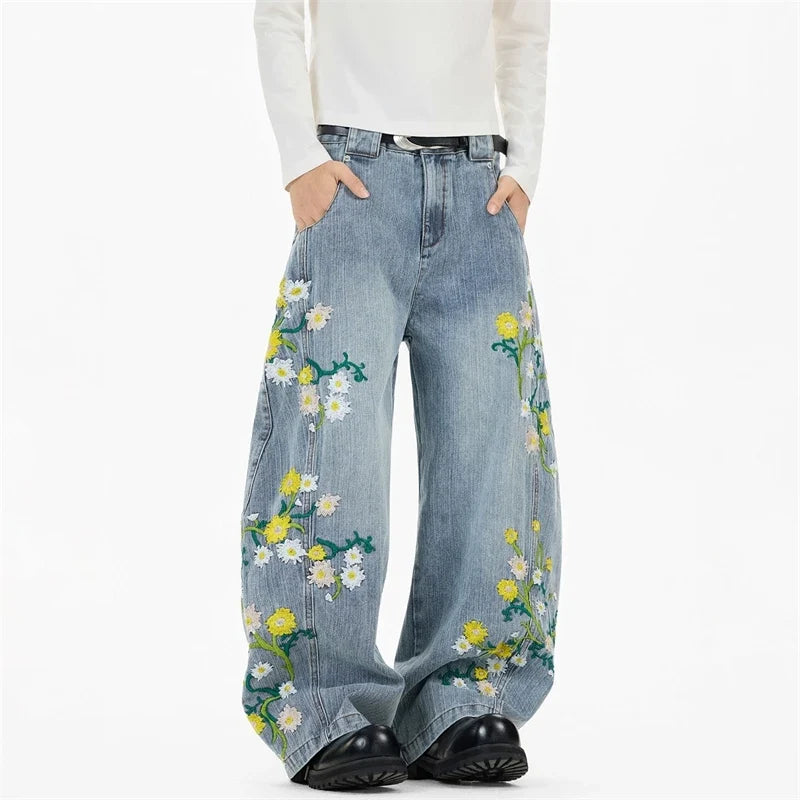 Y2K Daffodil and Daisies Floral Embroidered Baggy Barrel Jeans