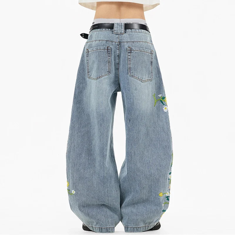 Y2K Daffodil and Daisies Floral Embroidered Baggy Barrel Jeans