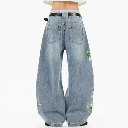 Y2K Daffodil and Daisies Floral Embroidered Baggy Barrel Jeans