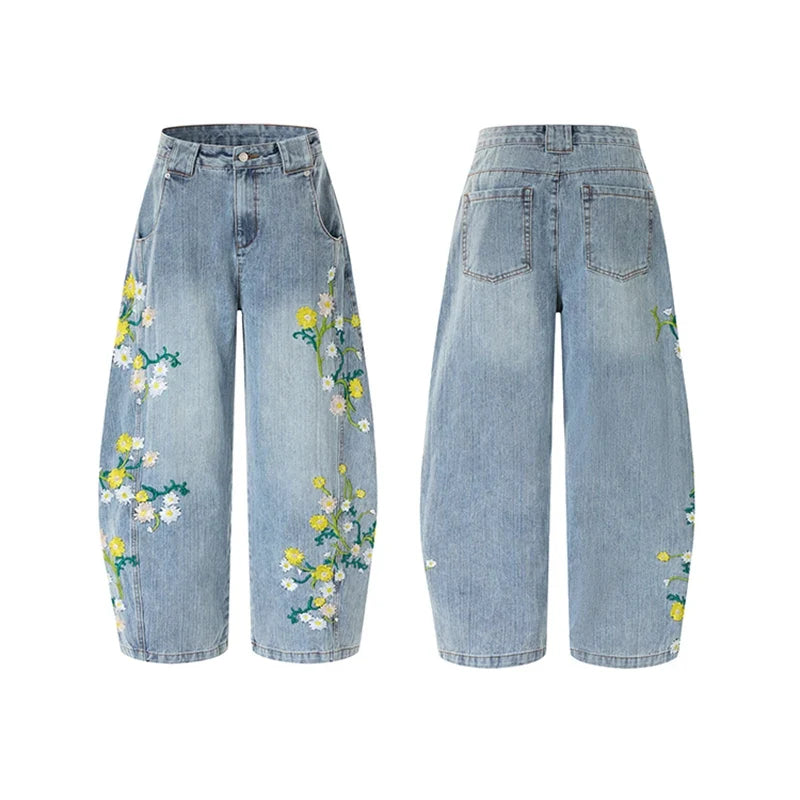 Y2K Daffodil and Daisies Floral Embroidered Baggy Barrel Jeans