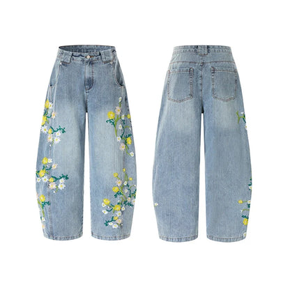 Y2K Daffodil and Daisies Floral Embroidered Baggy Barrel Jeans
