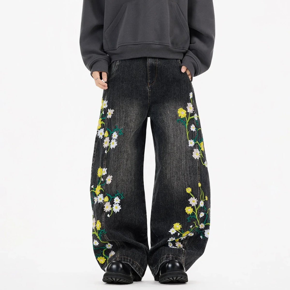 Y2K Daffodil and Daisies Floral Embroidered Baggy Barrel Jeans