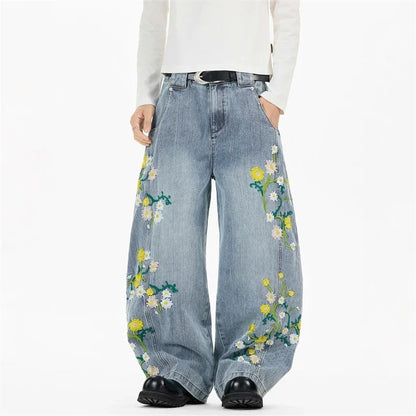 Y2K Daffodil and Daisies Floral Embroidered Baggy Barrel Jeans