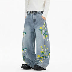 Y2K Daffodil and Daisies Floral Embroidered Baggy Barrel Jeans