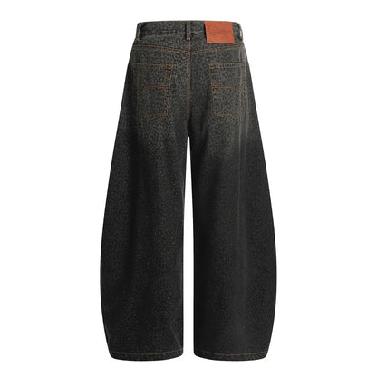 Y2K Dark Leopard Print Baggy Denim Curved Barrel Jeans