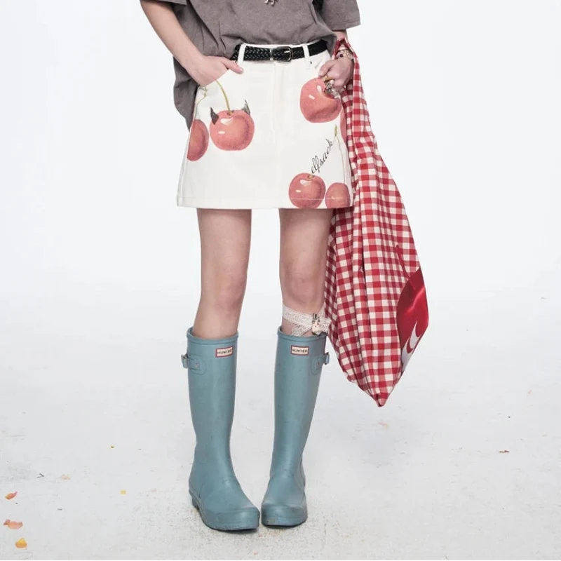 Y2K Devils Cherry Print A Line Denim Mini Skirt