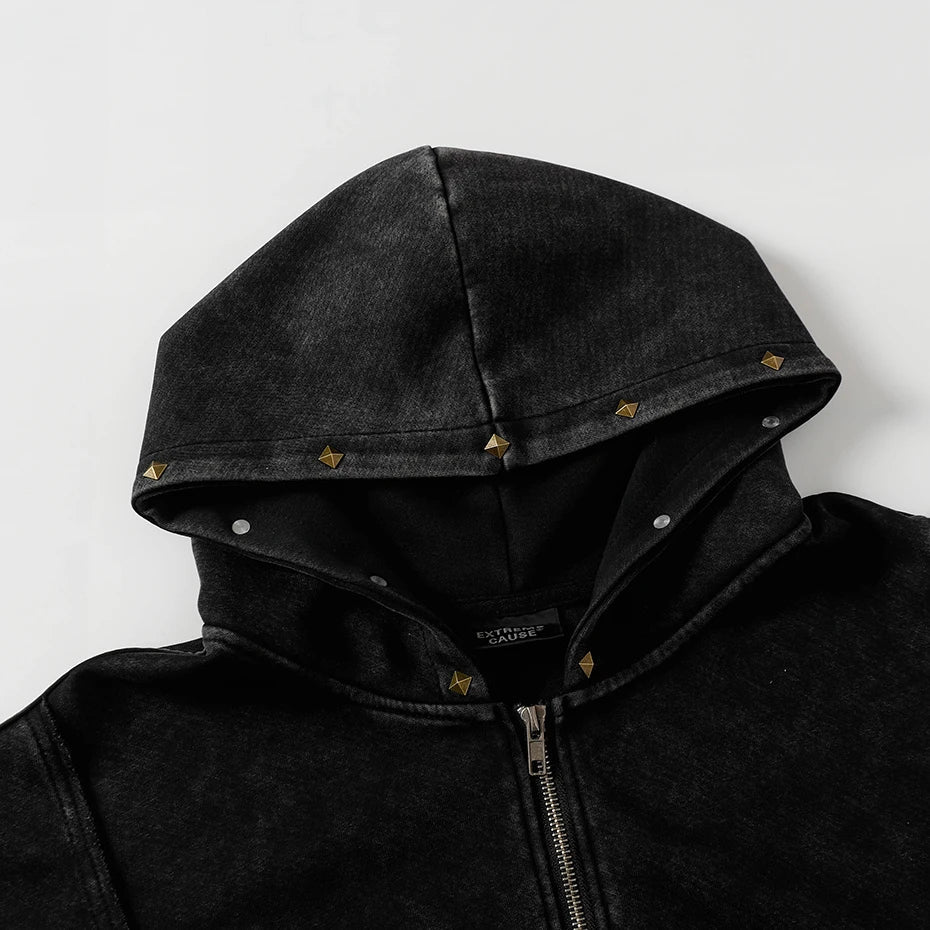 Y2K Diamond Rivet Patchwork Full Zip Up Hoodie