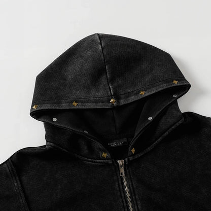 Y2K Diamond Rivet Patchwork Full Zip Up Hoodie