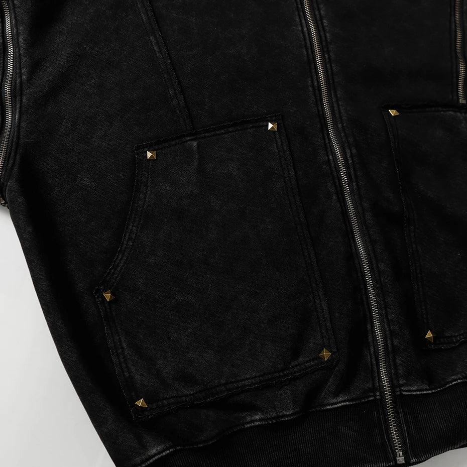 Y2K Diamond Rivet Patchwork Full Zip Up Hoodie