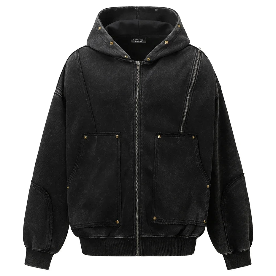 Y2K Diamond Rivet Patchwork Full Zip Up Hoodie