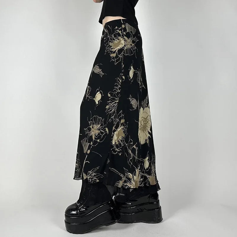 Y2K Double Layer Mesh A-line Midi Skirt