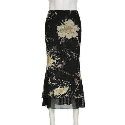 Y2K Double Layer Mesh A-line Midi Skirt