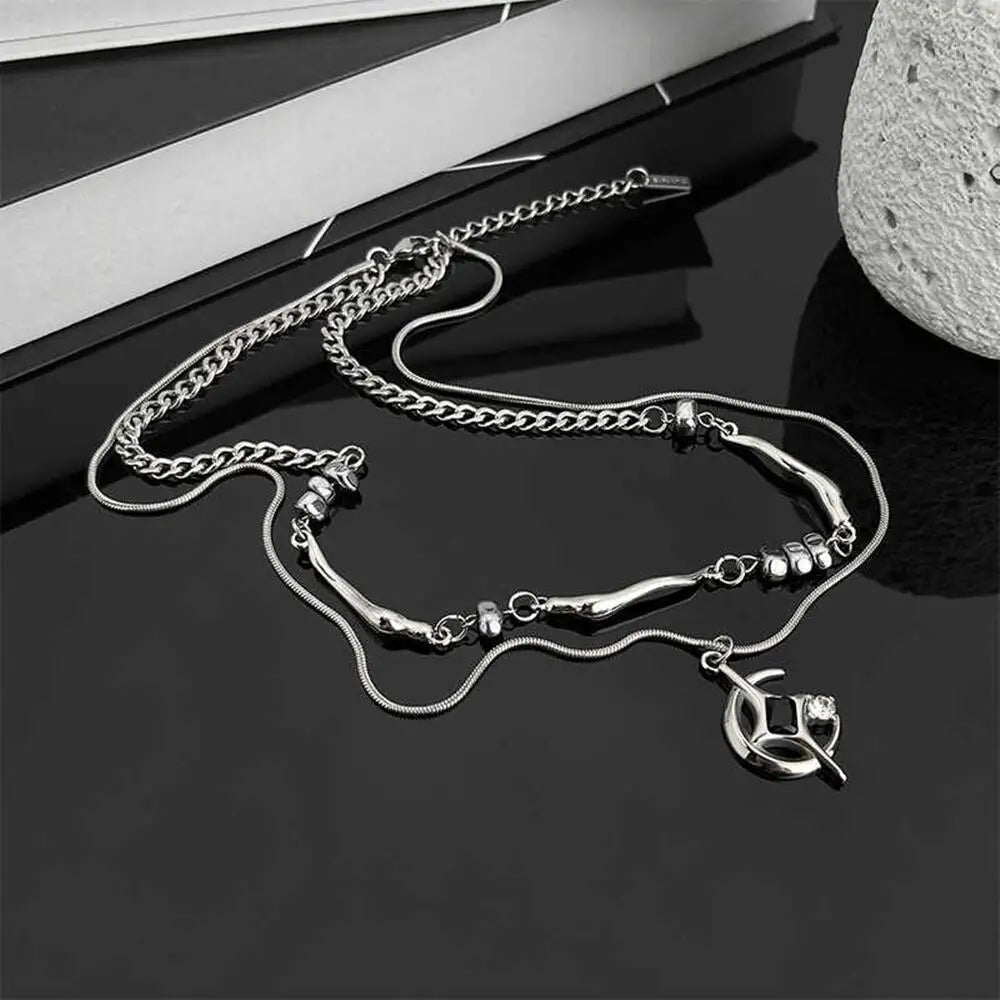 Y2K Double Layer Moon And Star Black Pearl Necklace