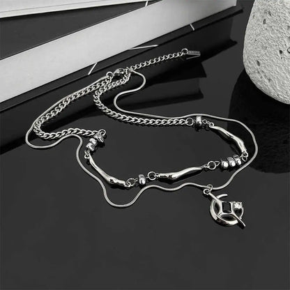 Y2K Double Layer Moon And Star Black Pearl Necklace