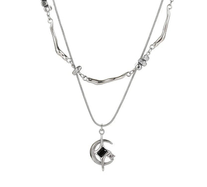 Y2K Double Layer Moon And Star Black Pearl Necklace