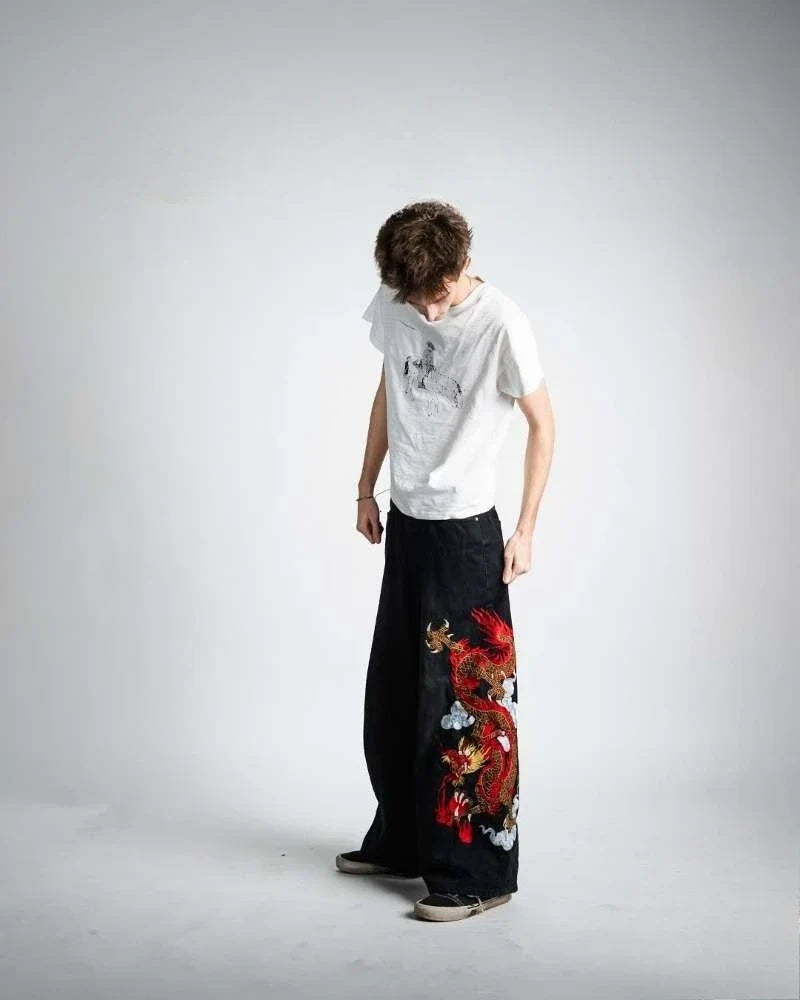 Y2K Dragon Graphic Baggy Embroidered Jeans