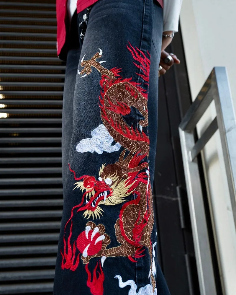 Y2K Dragon Graphic Baggy Embroidered Jeans