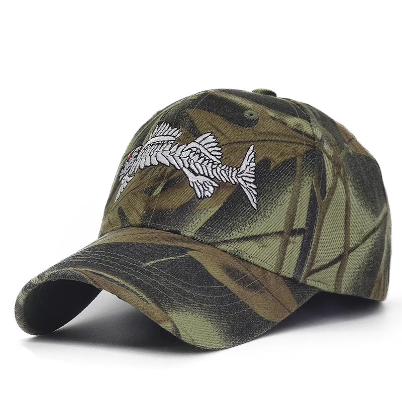 Y2K Embroidered Fish Bone Camo Baseball Cap