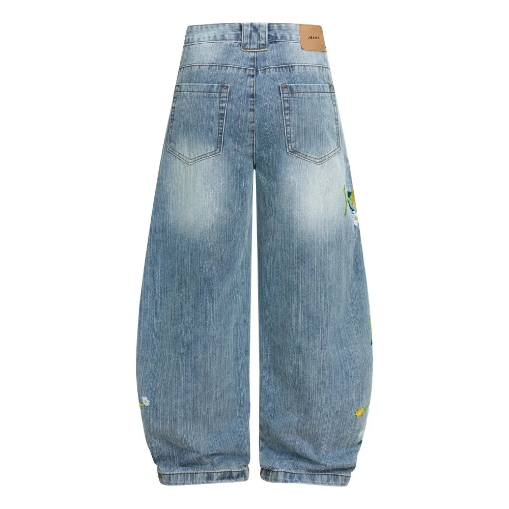 Y2K Embroidered Flower Baggy Denim Curved Barrel Jeans