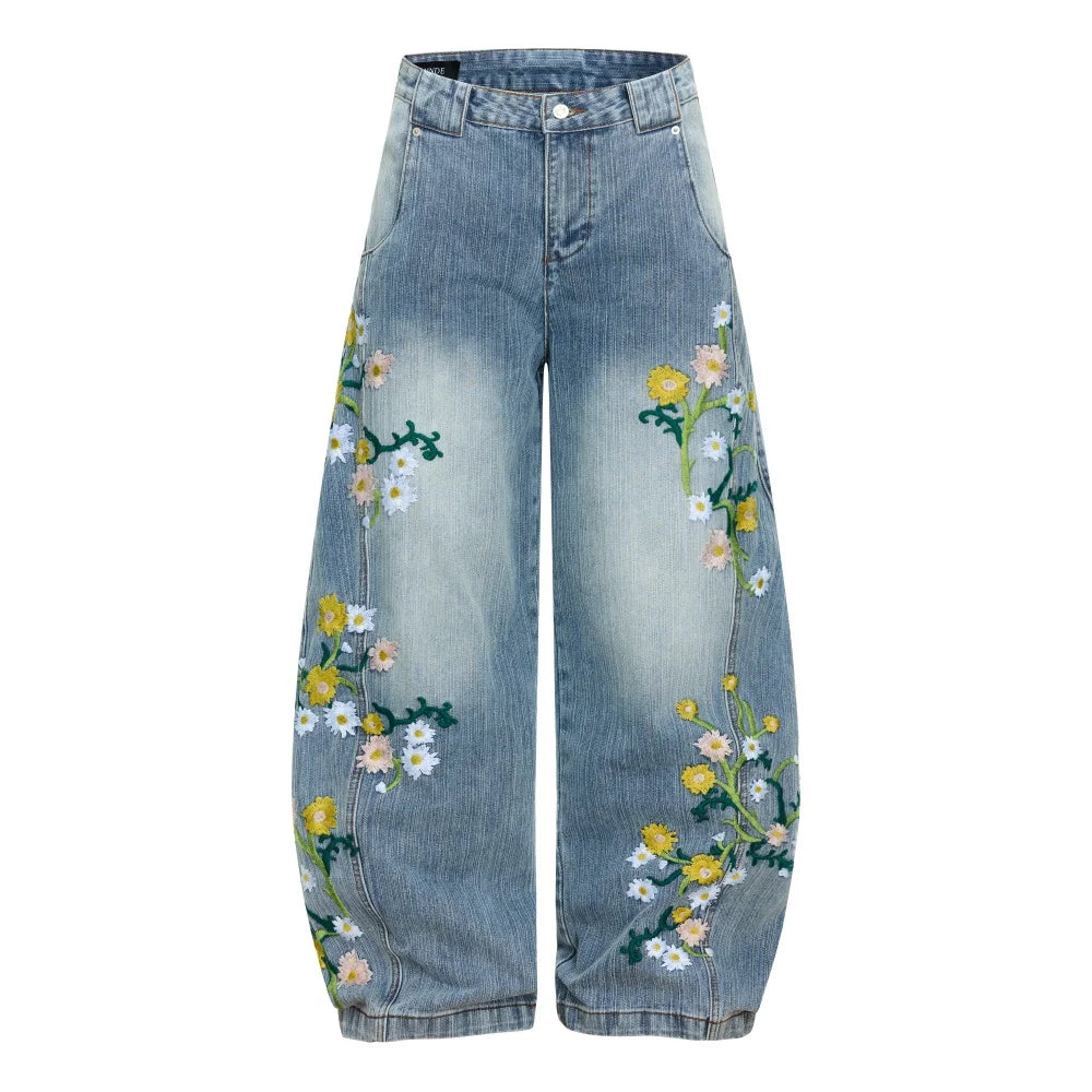 Y2K Embroidered Flower Baggy Denim Curved Barrel Jeans