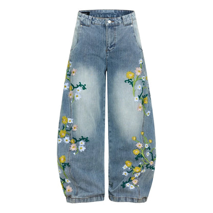 Y2K Embroidered Flower Baggy Denim Curved Barrel Jeans