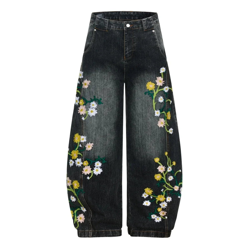 Y2K Embroidered Flower Baggy Denim Curved Barrel Jeans