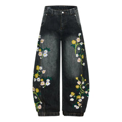Y2K Embroidered Flower Baggy Denim Curved Barrel Jeans