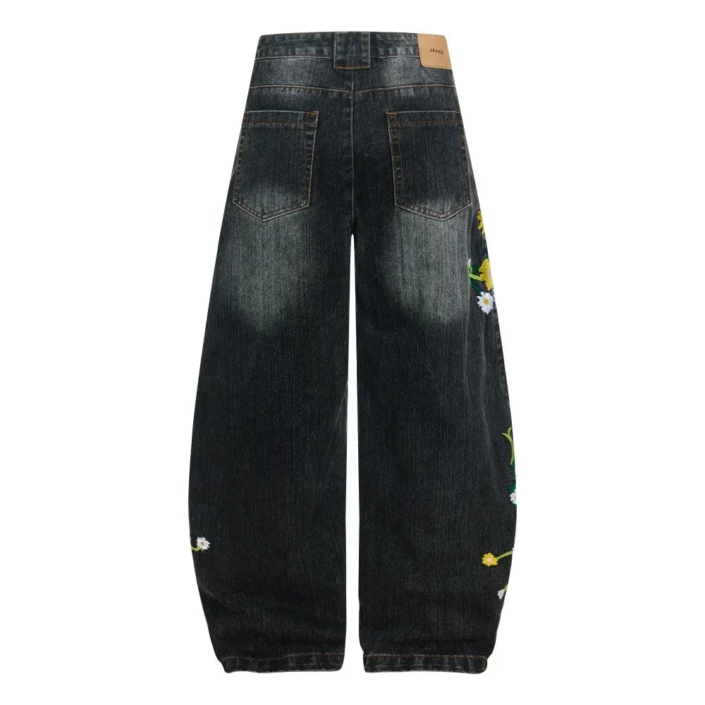Y2K Embroidered Flower Baggy Denim Curved Barrel Jeans