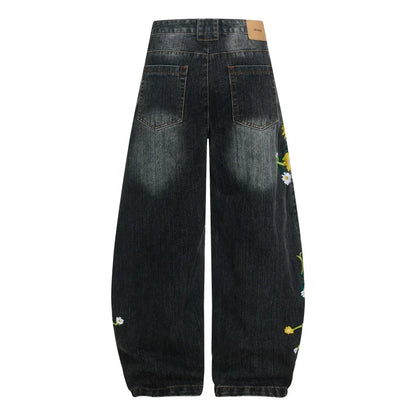Y2K Embroidered Flower Baggy Denim Curved Barrel Jeans