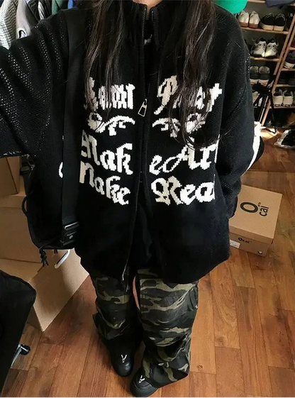 Y2K Embroidered Notes Zipper Cardigan Sweater