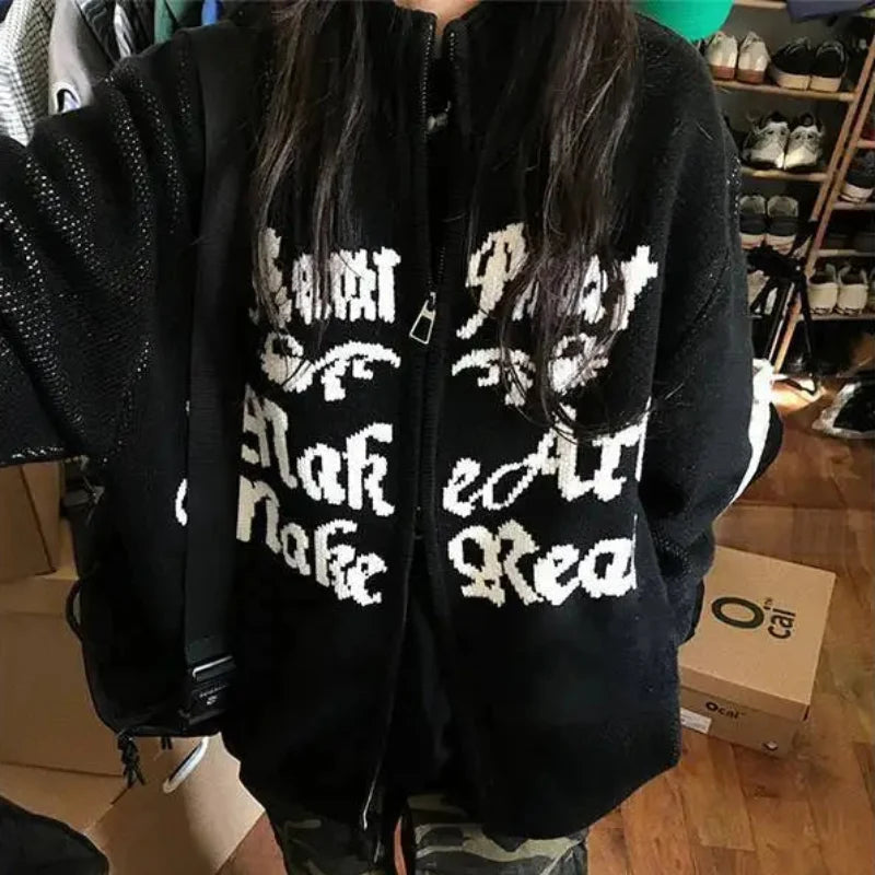 Y2K Embroidered Notes Zipper Cardigan Sweater
