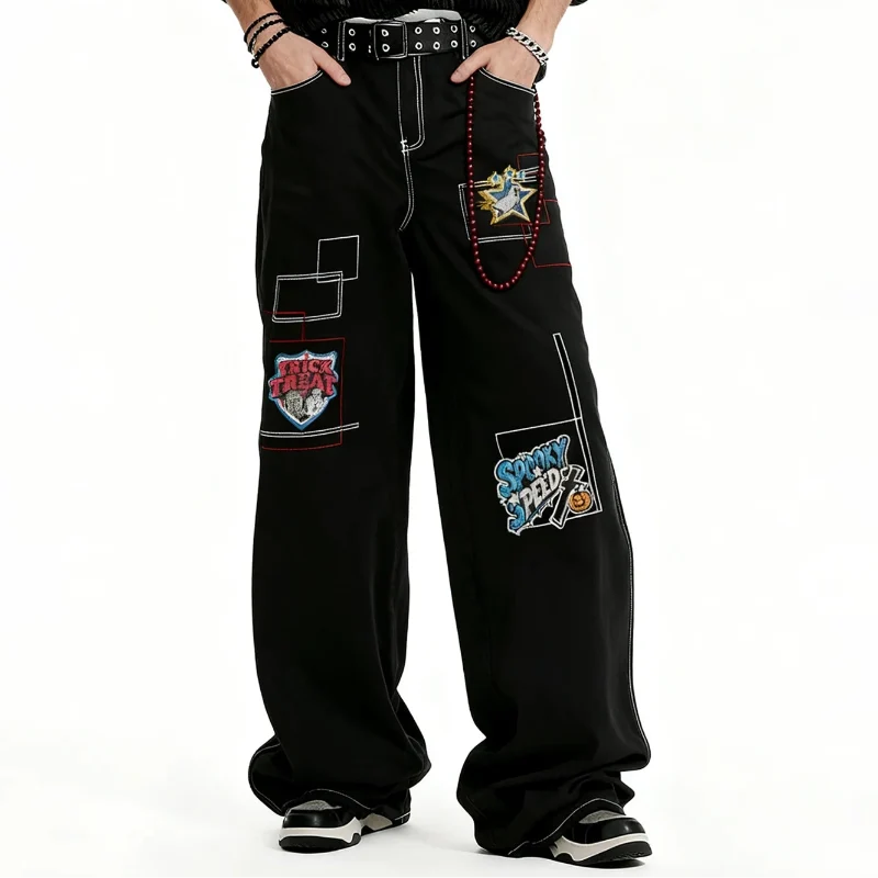 Y2K Embroidered Patchwork Black Baggy Jeans