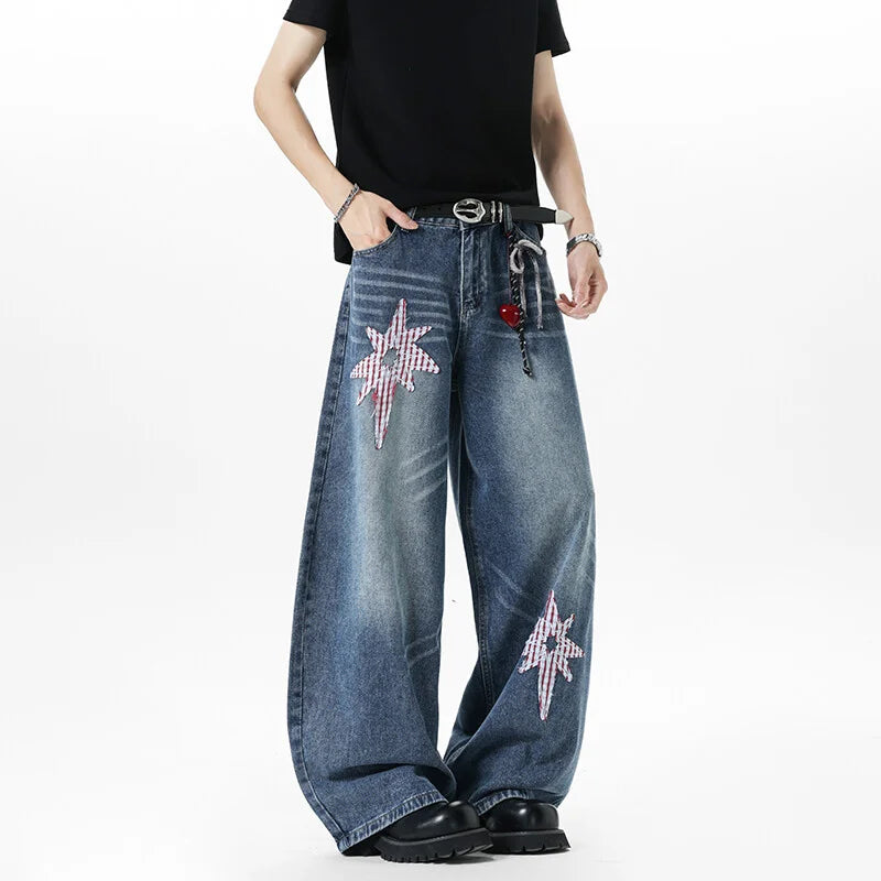 Y2K Embroidered Patchwork Star Wide Leg Barrel Jeans