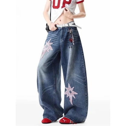 Y2K Embroidered Patchwork Star Wide Leg Barrel Jeans