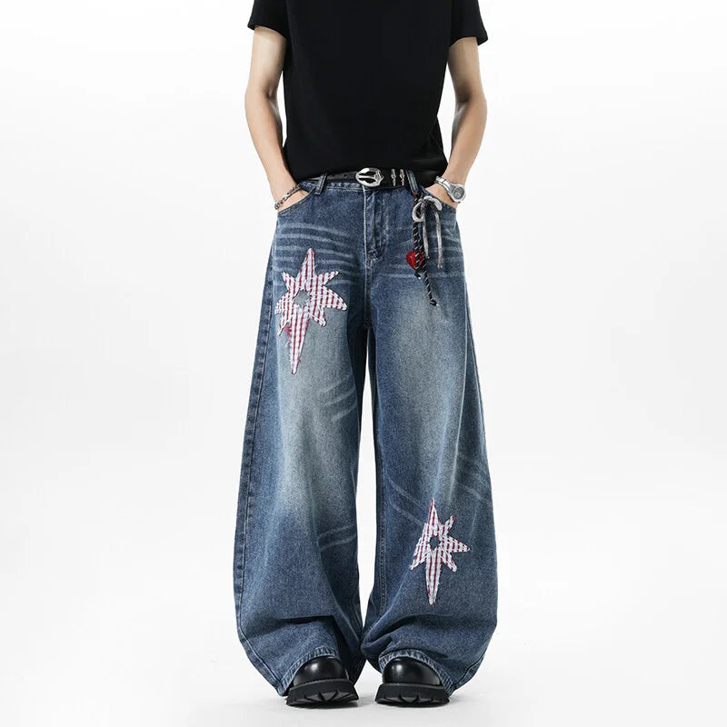 Y2K Embroidered Patchwork Star Wide Leg Barrel Jeans