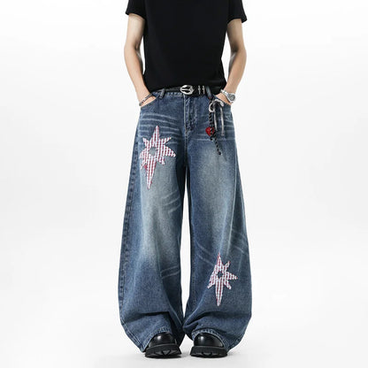 Y2K Embroidered Patchwork Star Wide Leg Barrel Jeans