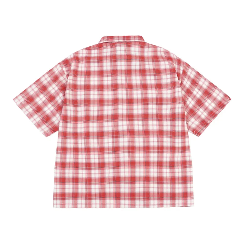 Y2K Embroidered Plaid Short Sleeve Button Up Flannel Shirt