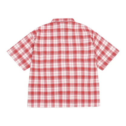 Y2K Embroidered Plaid Short Sleeve Button Up Flannel Shirt