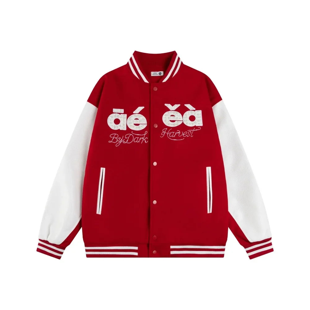 Y2K Embroidered Red Panelled Baseball Varsity Jacket