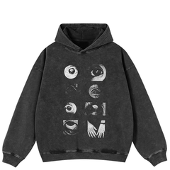 Y2K Eyes Eyes Eyes Graphic Washed Black Hoodie