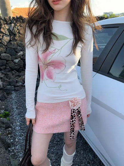 Y2K Fairycore Floral Graphic Slim Long Sleeve Top
